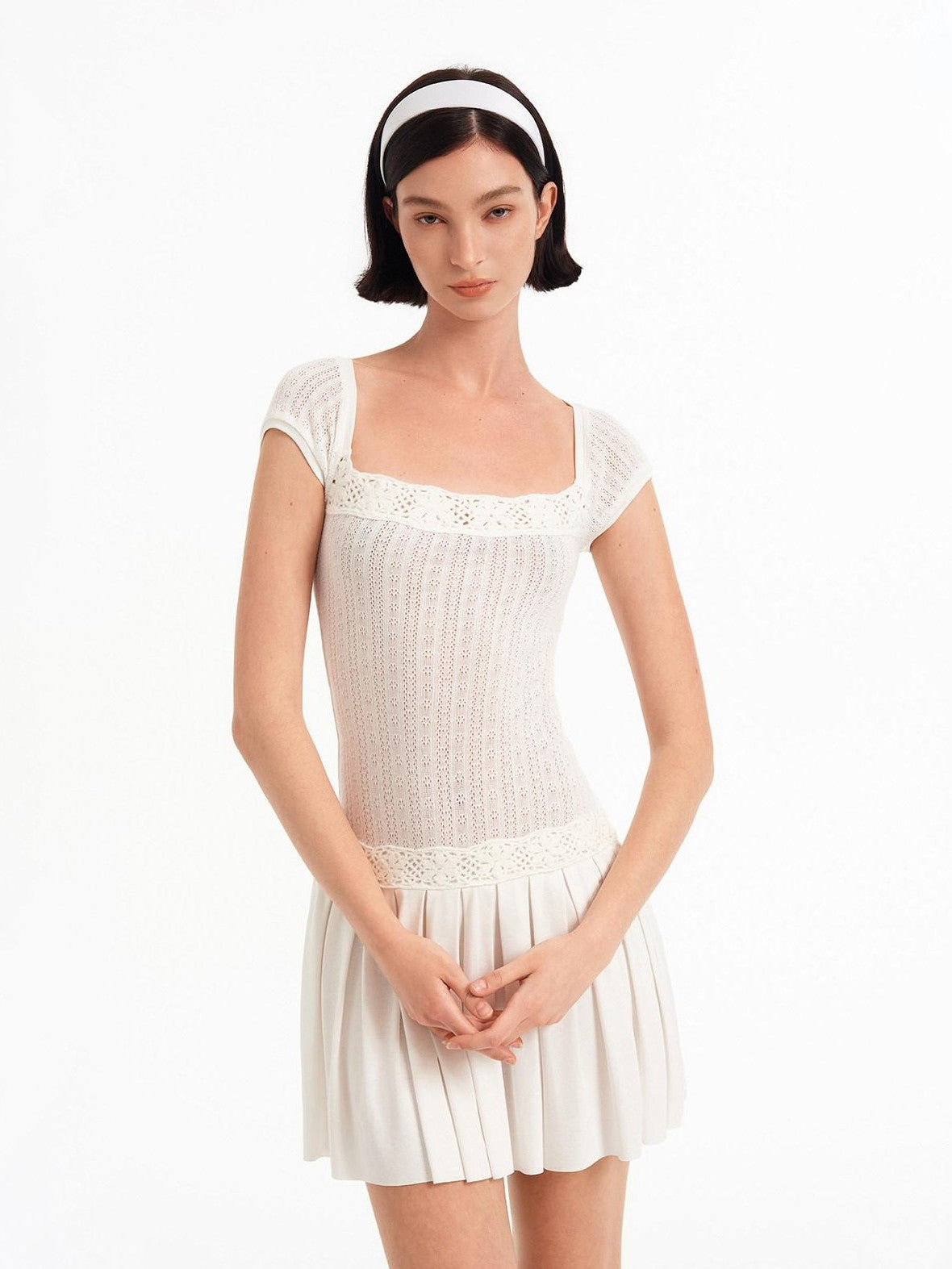 STRIKE A POSE Crochet Spliced Square Neck Pleated A Line Women&