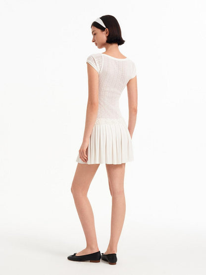 STRIKE A POSE Crochet Spliced Square Neck Pleated A Line Women&