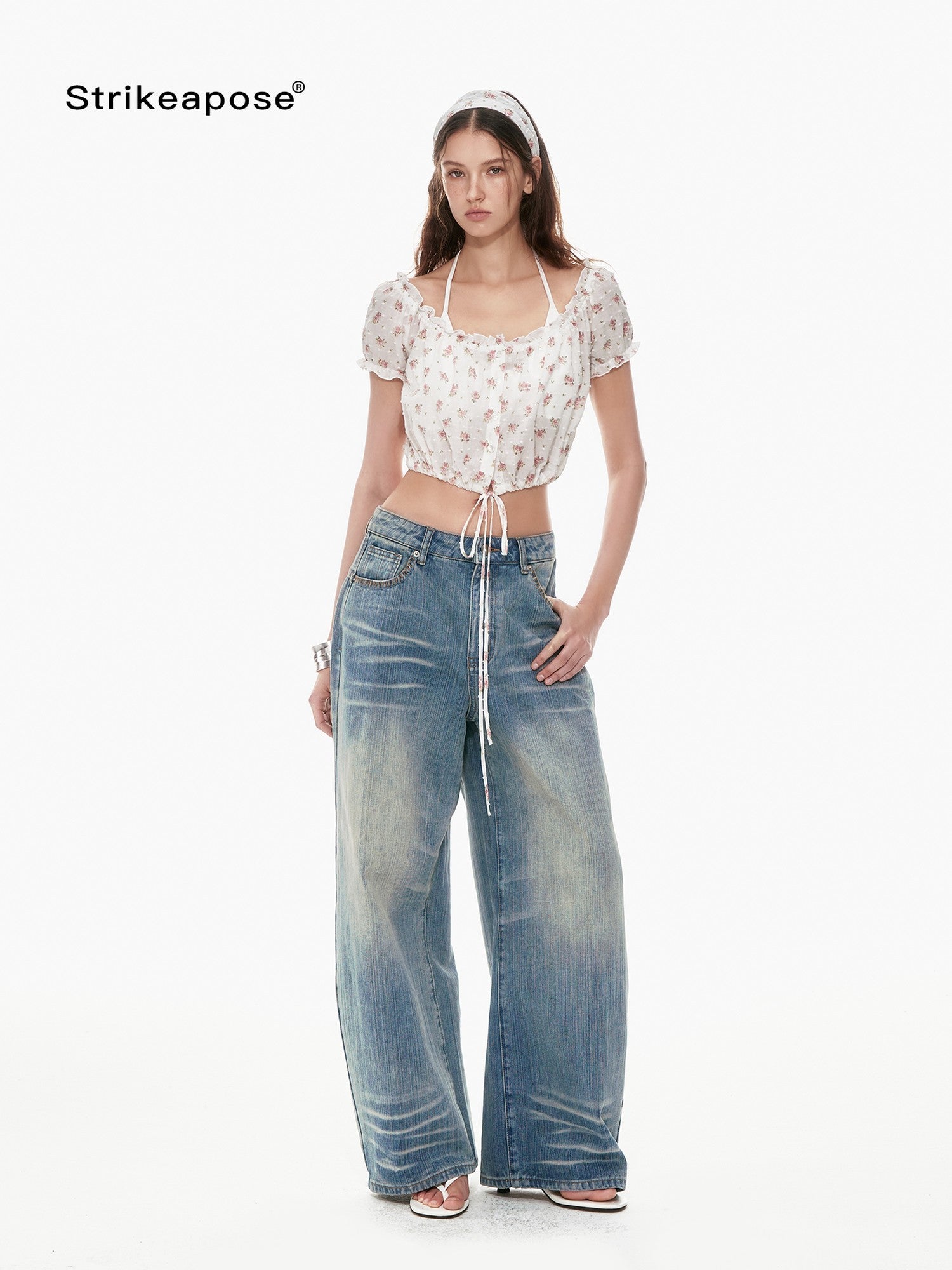 STRIKE A POSE Cropped Floral Lace Tie Puff Sleeve Cinched Waist Women&