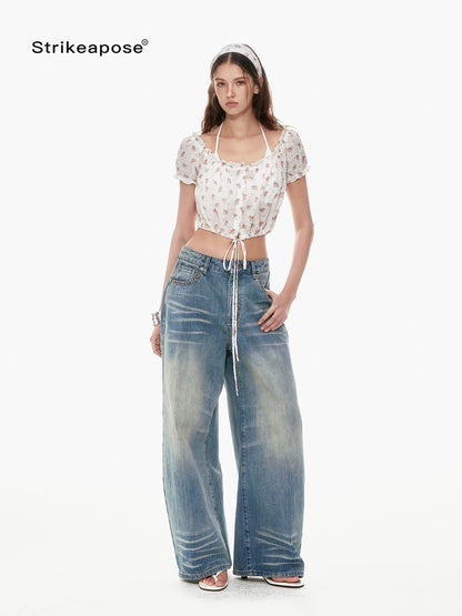 STRIKE A POSE Cropped Floral Lace Tie Puff Sleeve Cinched Waist Women&