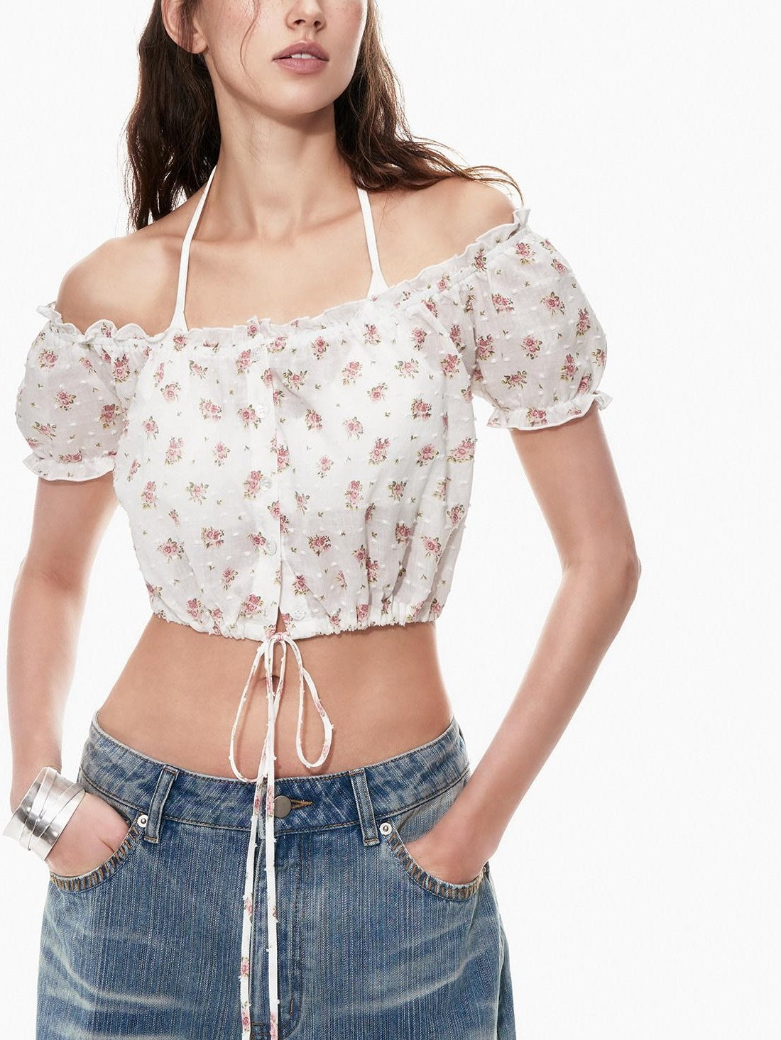 STRIKE A POSE Cropped Floral Lace Tie Puff Sleeve Cinched Waist Women&