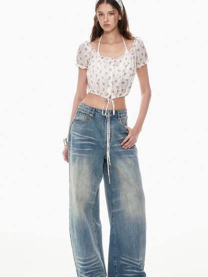 STRIKE A POSE Cropped Floral Lace Tie Puff Sleeve Cinched Waist Women&