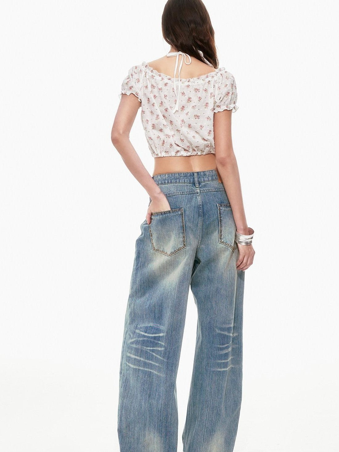 STRIKE A POSE Cropped Floral Lace Tie Puff Sleeve Cinched Waist Women&