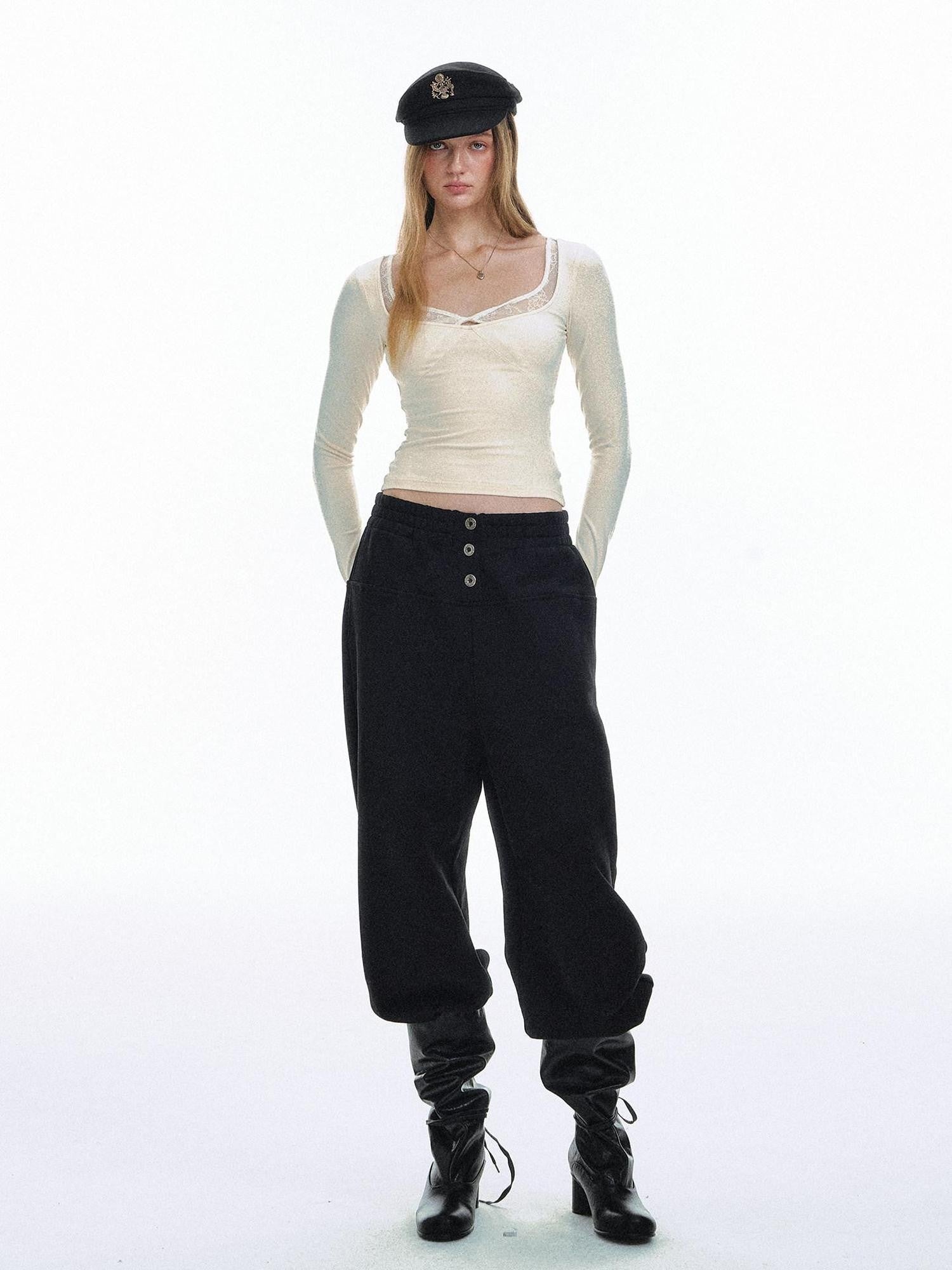 STRIKE A POSE Cropped Lace Twist Knot Square Neck Women&