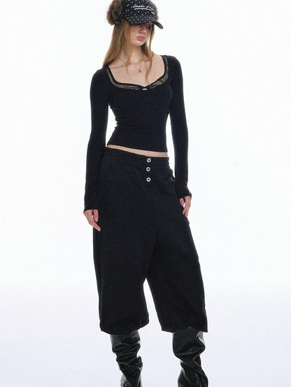 STRIKE A POSE Cropped Lace Twist Knot Square Neck Women&