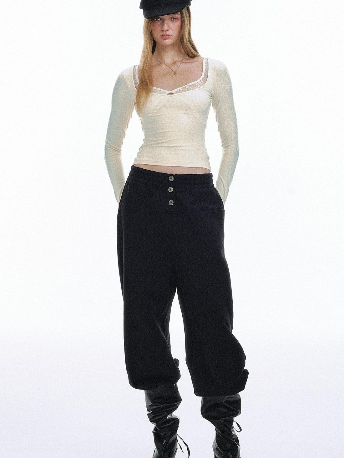 STRIKE A POSE Cropped Lace Twist Knot Square Neck Women&