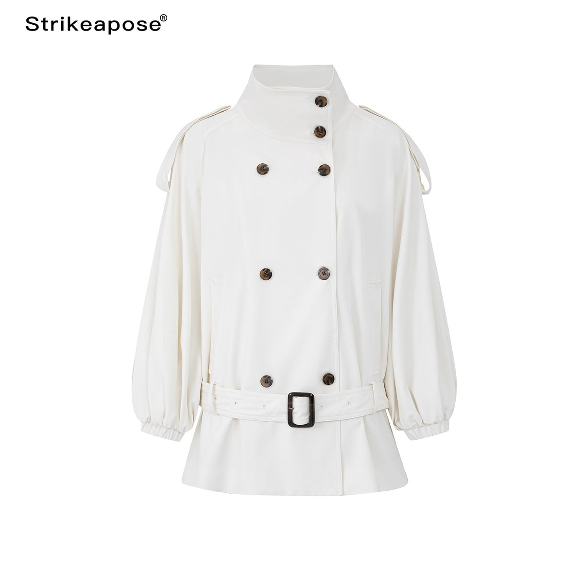 STRIKE_A_POSE_Cropped_Lantern_Sleeve_Stand_Collar_Double_Breasted_Women&