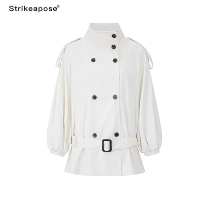 STRIKE_A_POSE_Cropped_Lantern_Sleeve_Stand_Collar_Double_Breasted_Women&
