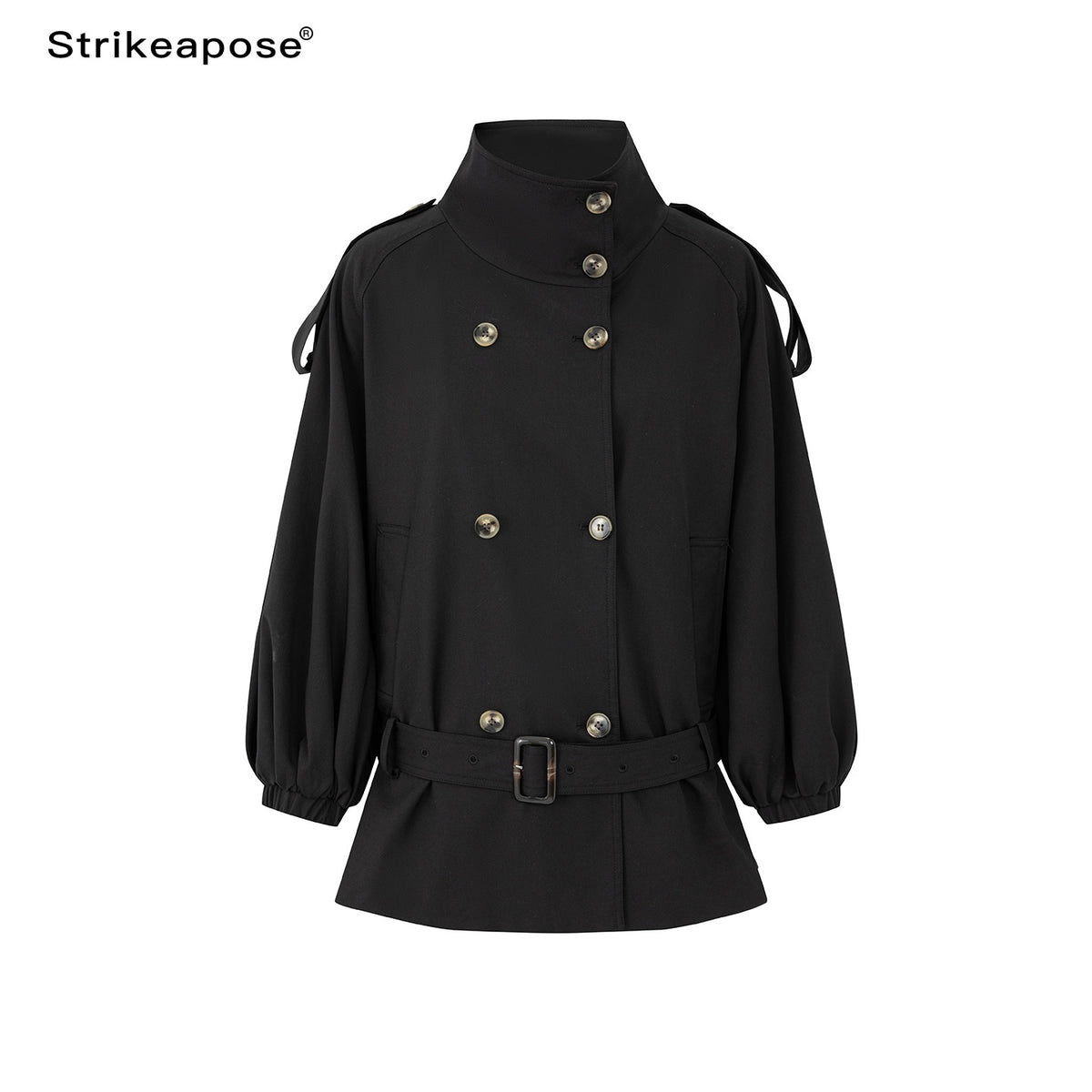 STRIKE_A_POSE_Cropped_Lantern_Sleeve_Stand_Collar_Double_Breasted_Women&