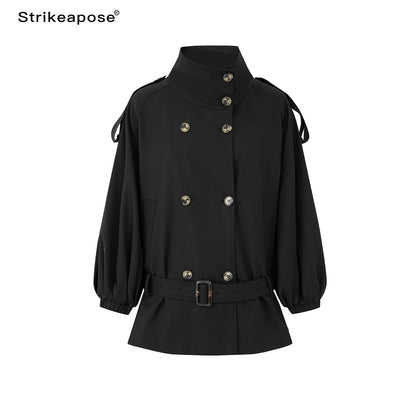 STRIKE_A_POSE_Cropped_Lantern_Sleeve_Stand_Collar_Double_Breasted_Women&