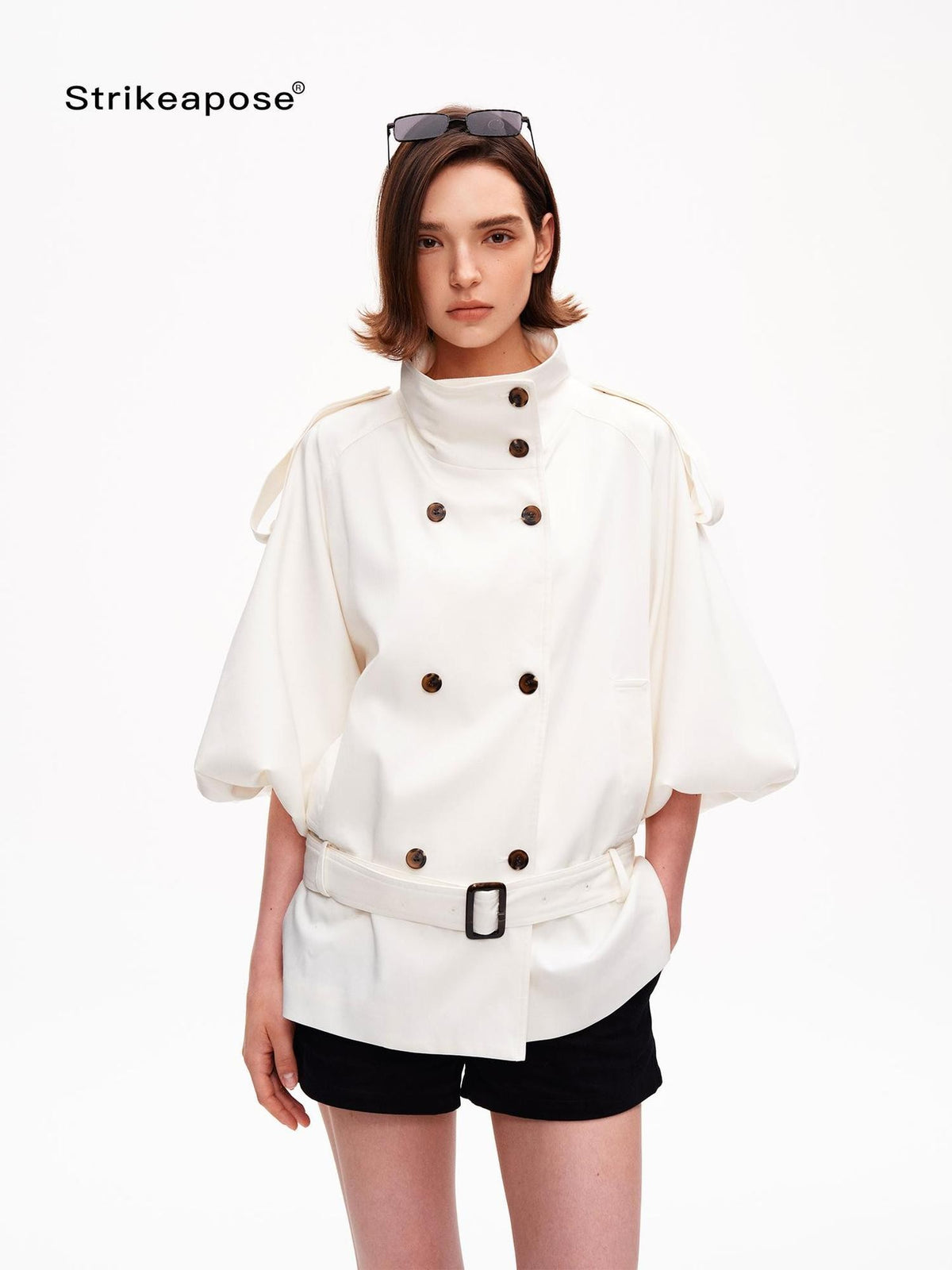 STRIKE A POSE Cropped Lantern Sleeve Stand Collar Double Breasted Women&