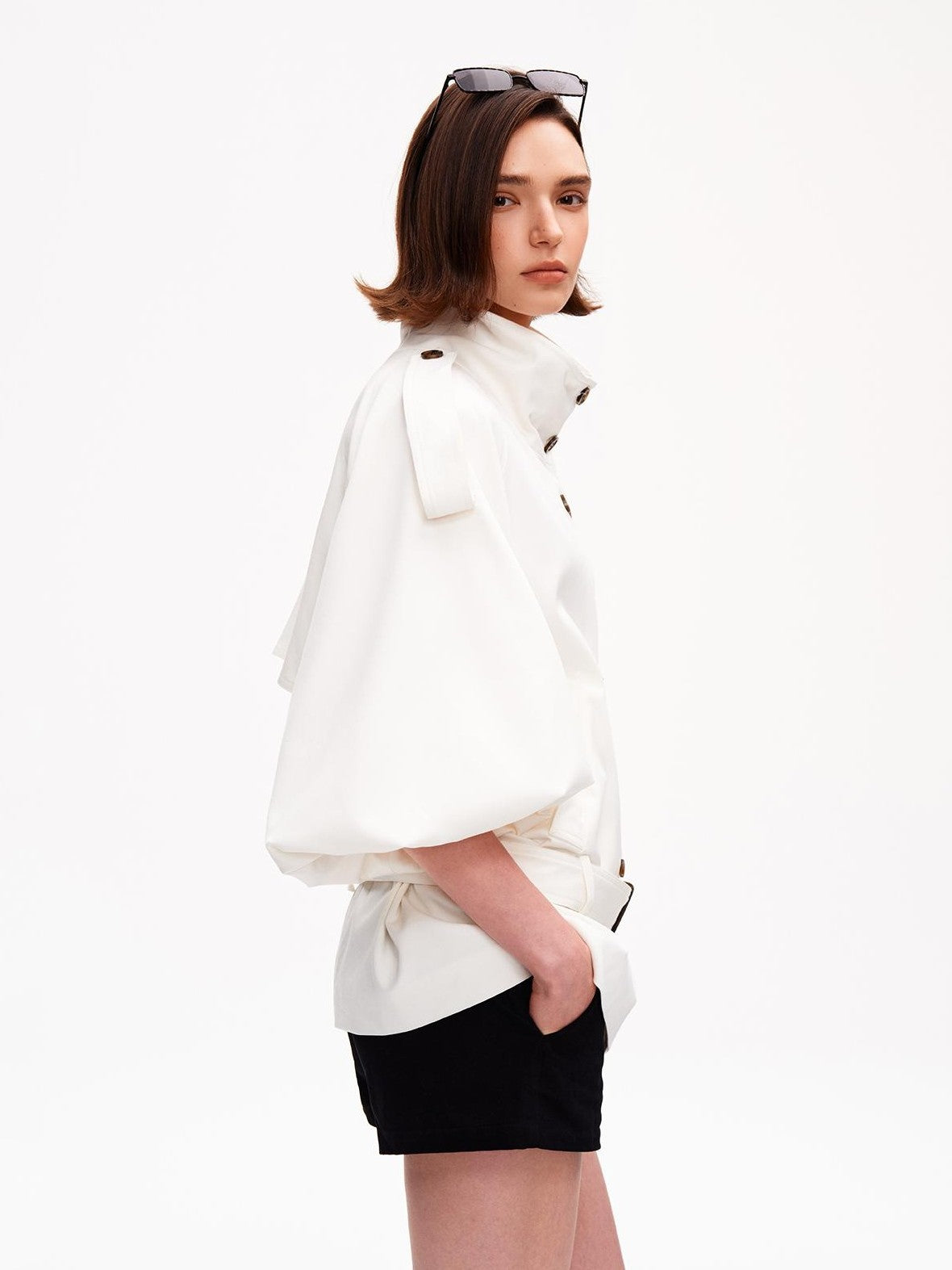 STRIKE A POSE Cropped Lantern Sleeve Stand Collar Double Breasted Women&