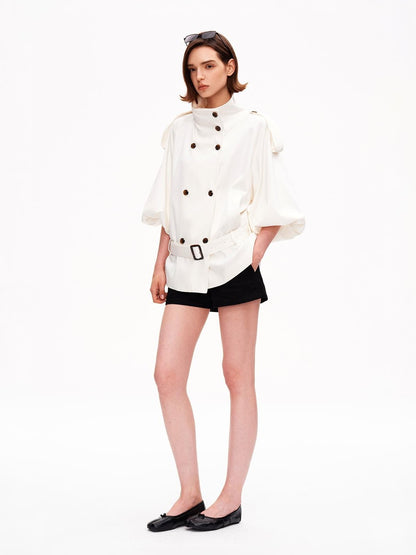 STRIKE A POSE Cropped Lantern Sleeve Stand Collar Double Breasted Women&