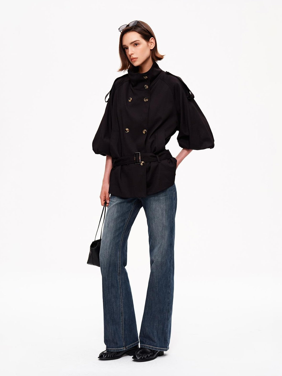 STRIKE A POSE Cropped Lantern Sleeve Stand Collar Double Breasted Women&