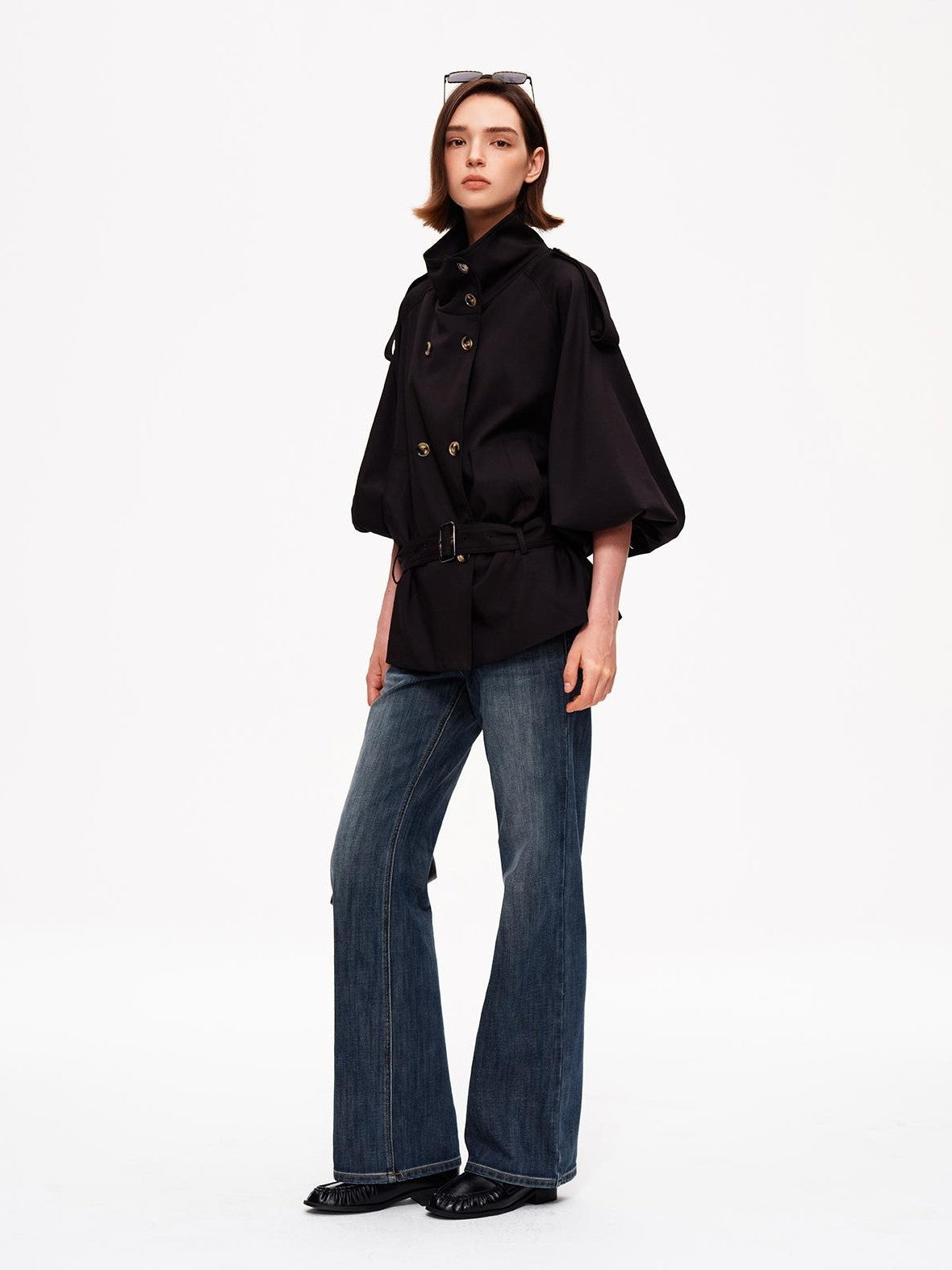 STRIKE A POSE Cropped Lantern Sleeve Stand Collar Double Breasted Women&