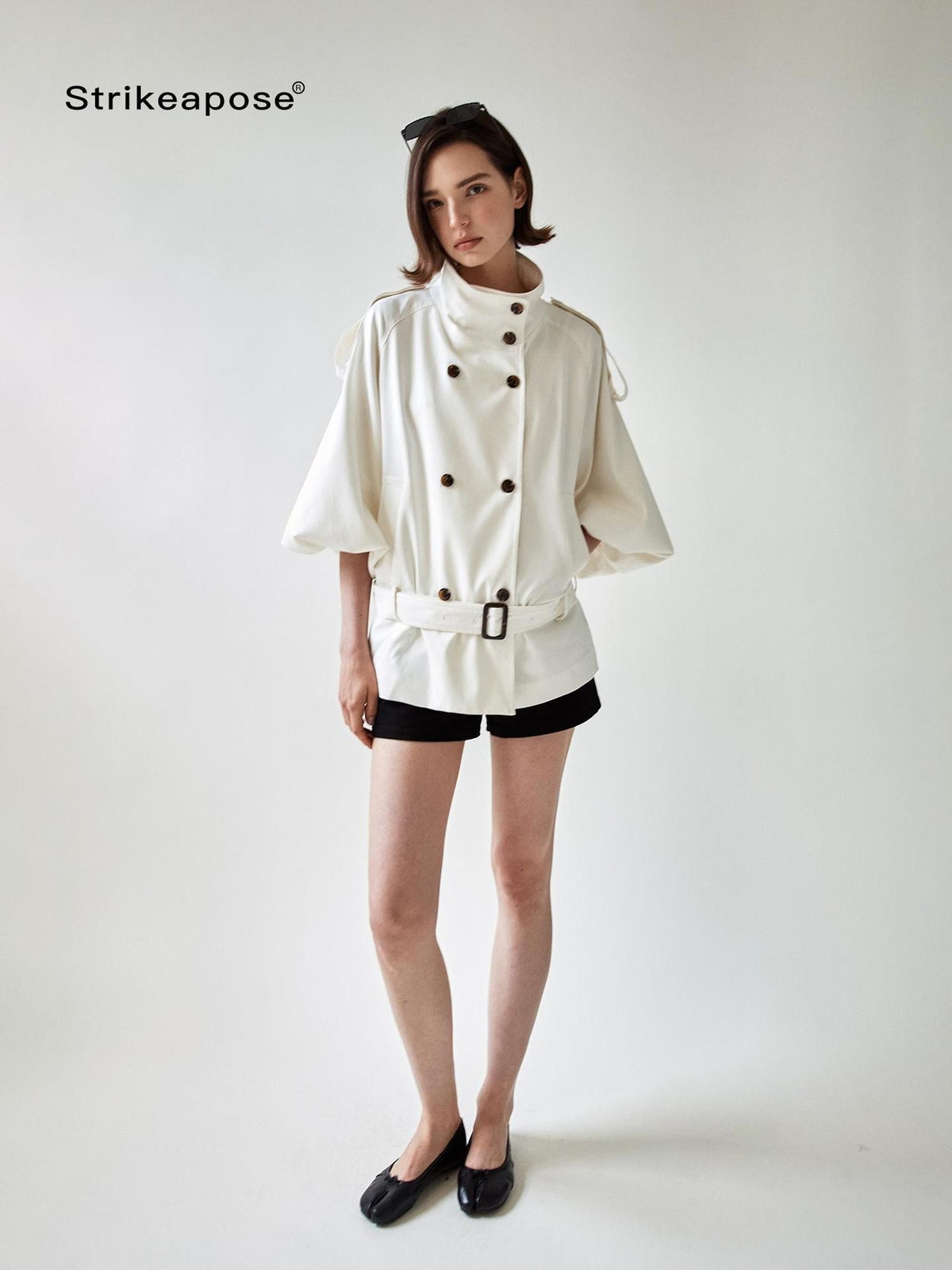 STRIKE A POSE Cropped Lantern Sleeve Stand Collar Double Breasted Women&