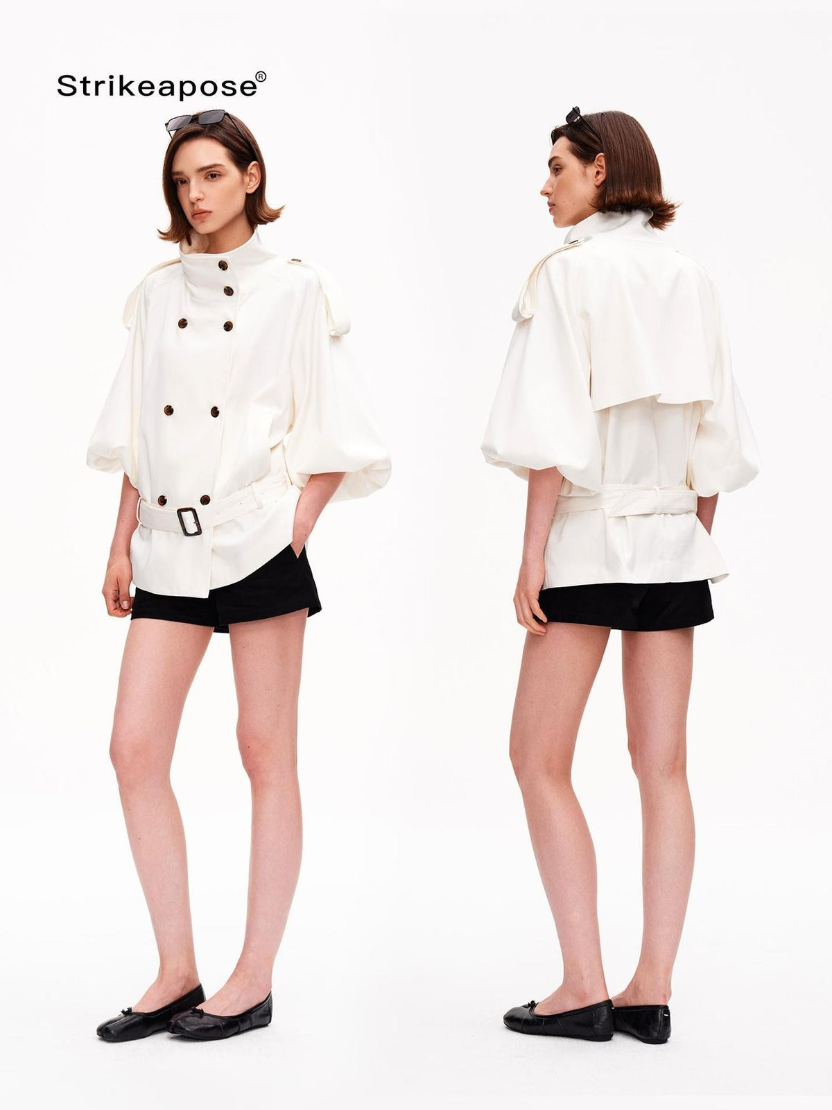 STRIKE A POSE Cropped Lantern Sleeve Stand Collar Double Breasted Women&