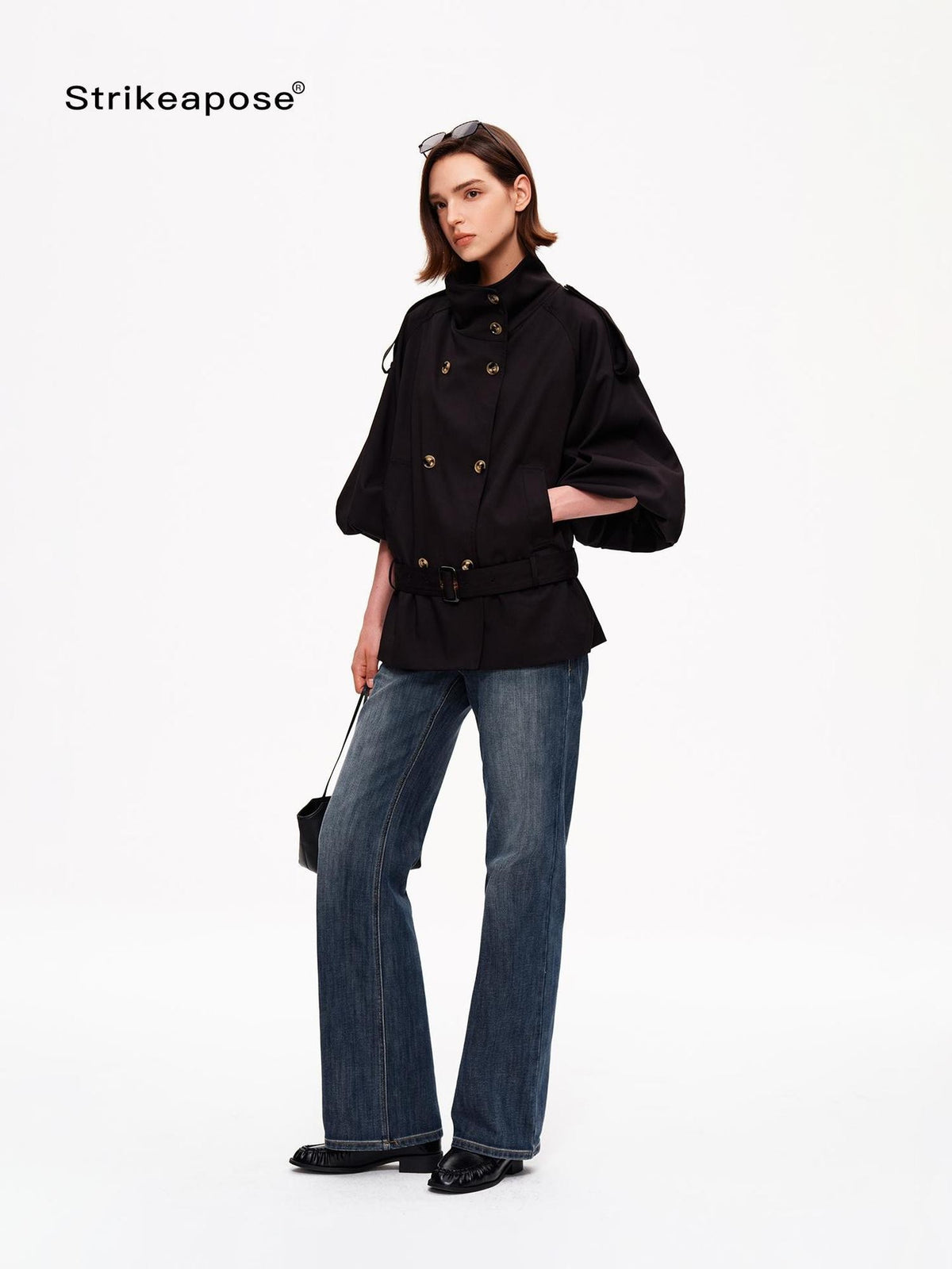STRIKE A POSE Cropped Lantern Sleeve Stand Collar Double Breasted Women&