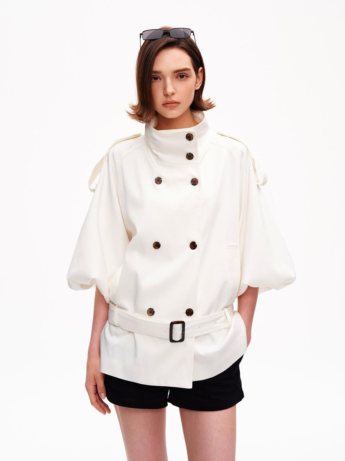 STRIKE A POSE Cropped Lantern Sleeve Stand Collar Double Breasted Women&