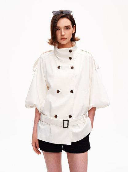 STRIKE A POSE Cropped Lantern Sleeve Stand Collar Double Breasted Women&