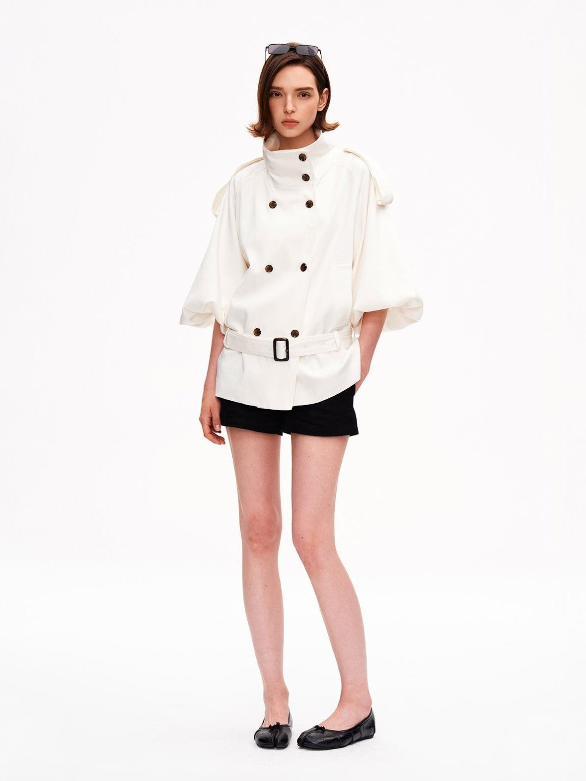 STRIKE A POSE Cropped Lantern Sleeve Stand Collar Double Breasted Women&