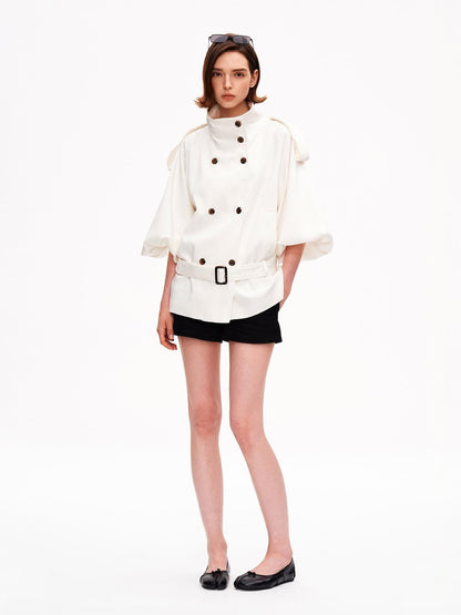 STRIKE A POSE Cropped Lantern Sleeve Stand Collar Double Breasted Women&