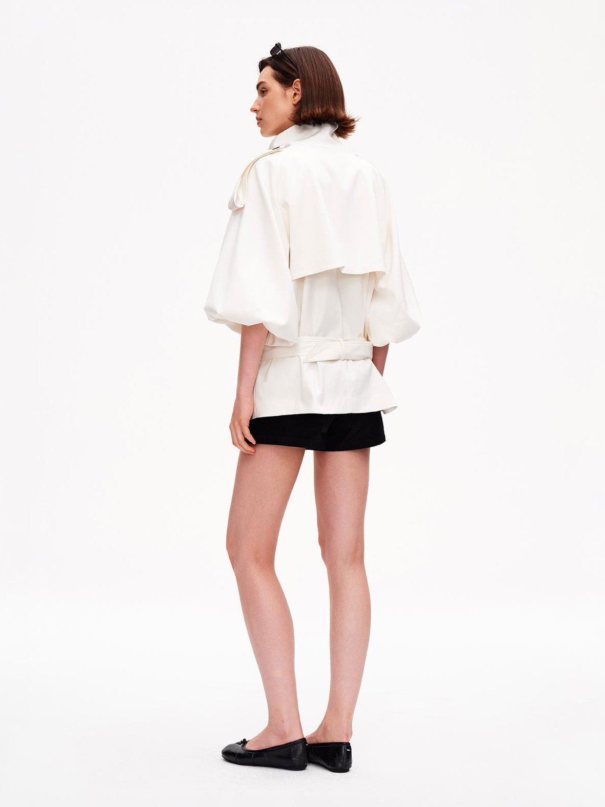 STRIKE A POSE Cropped Lantern Sleeve Stand Collar Double Breasted Women&