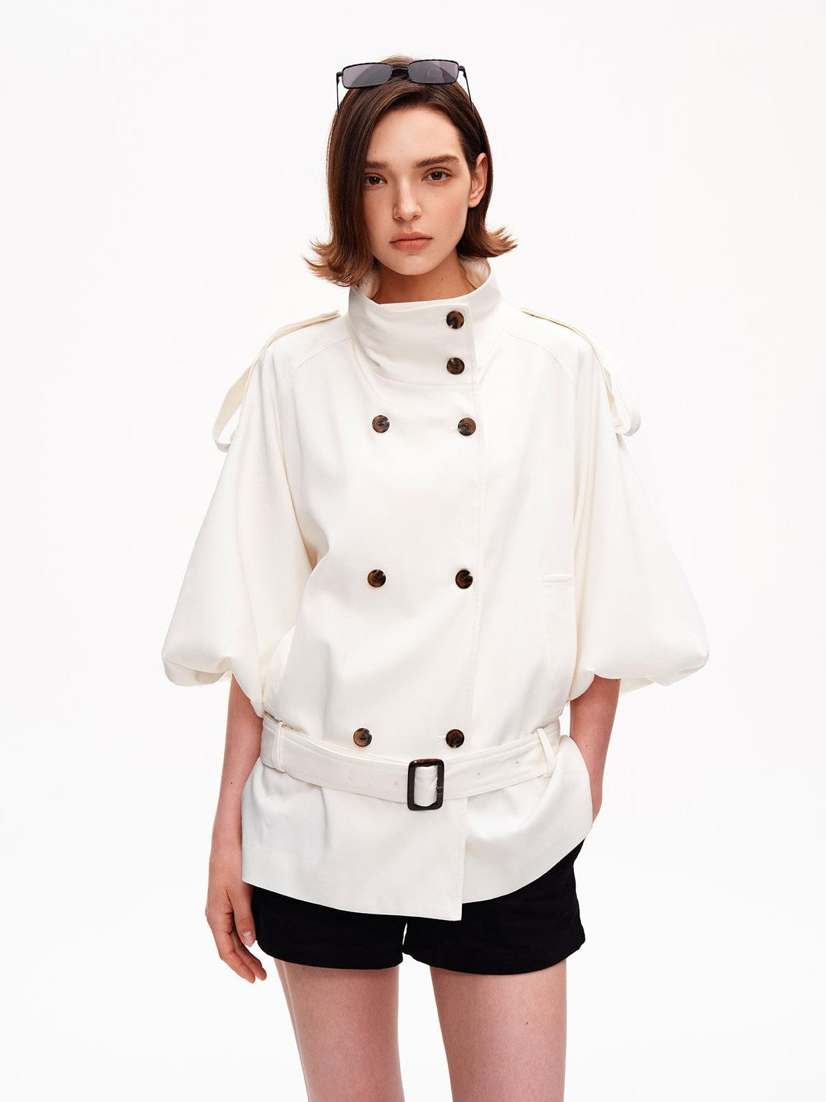 STRIKE A POSE Cropped Lantern Sleeve Stand Collar Double Breasted Women&