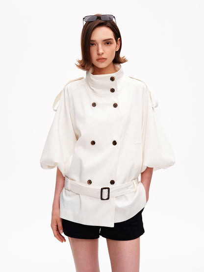 STRIKE A POSE Cropped Lantern Sleeve Stand Collar Double Breasted Women&