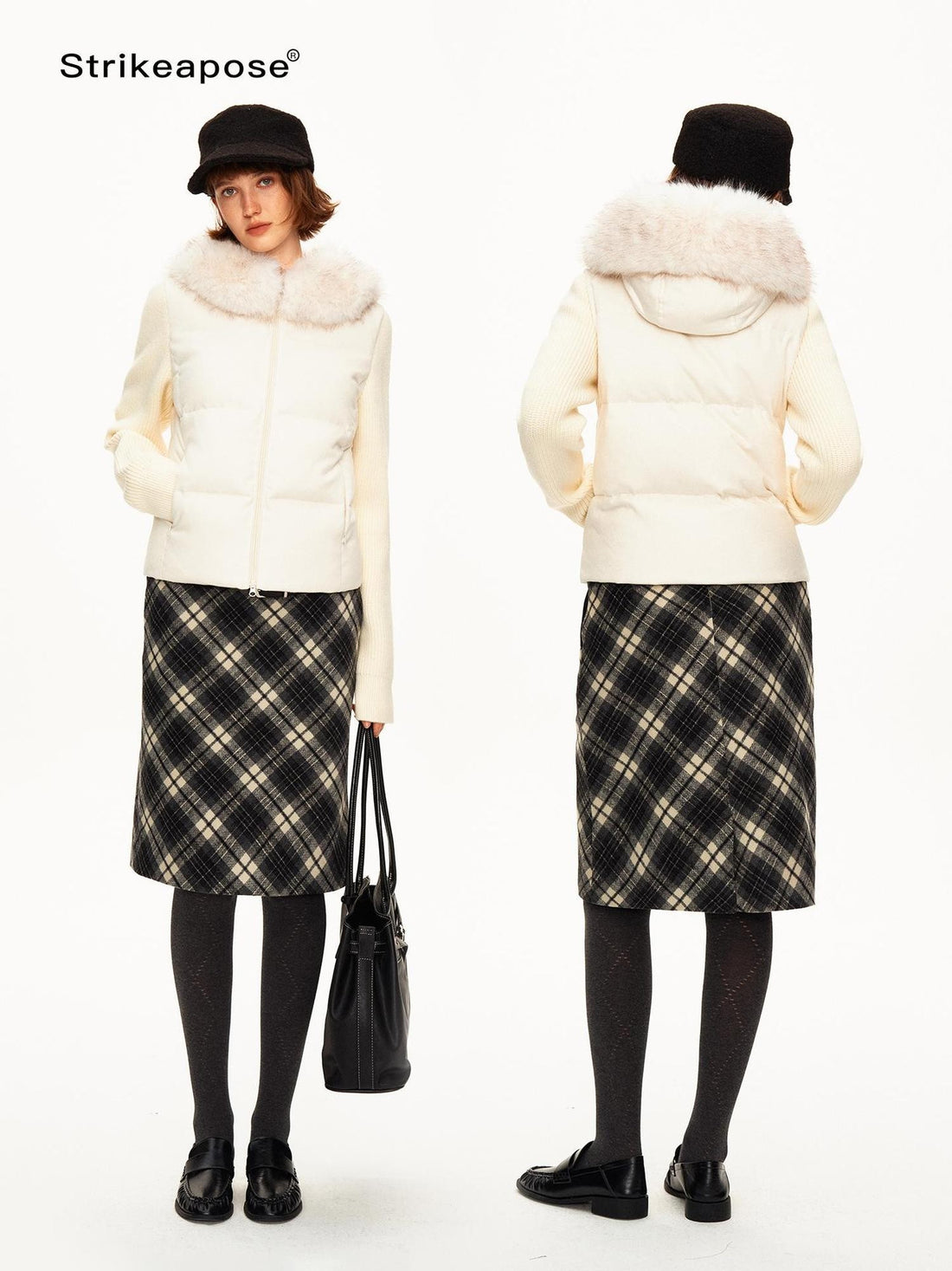 STRIKE A POSE Detachable Fur Collar Knit Sleeve Paneled Cinched Waist Women&
