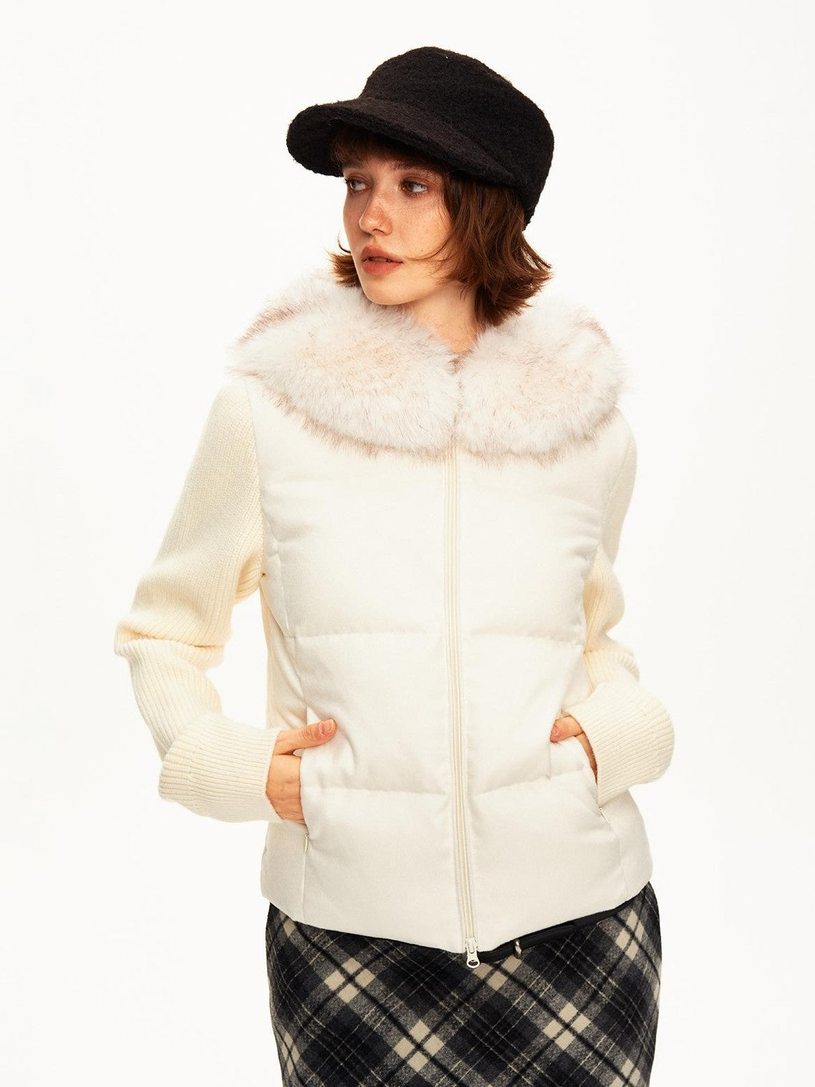 STRIKE A POSE Detachable Fur Collar Knit Sleeve Paneled Cinched Waist Women&