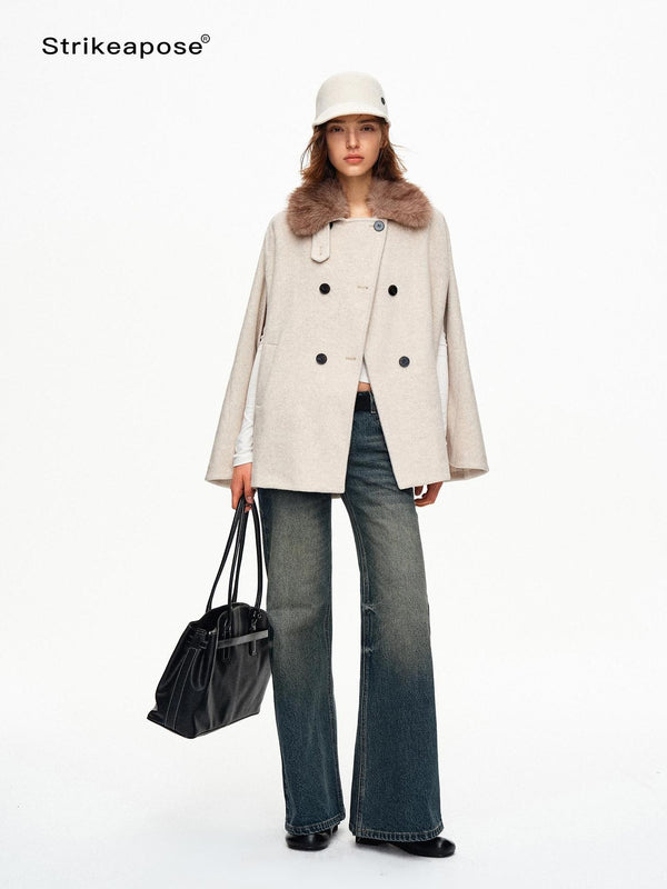 Detachable Fur Trim Double Breasted 70 Wool Women's Cape Coats