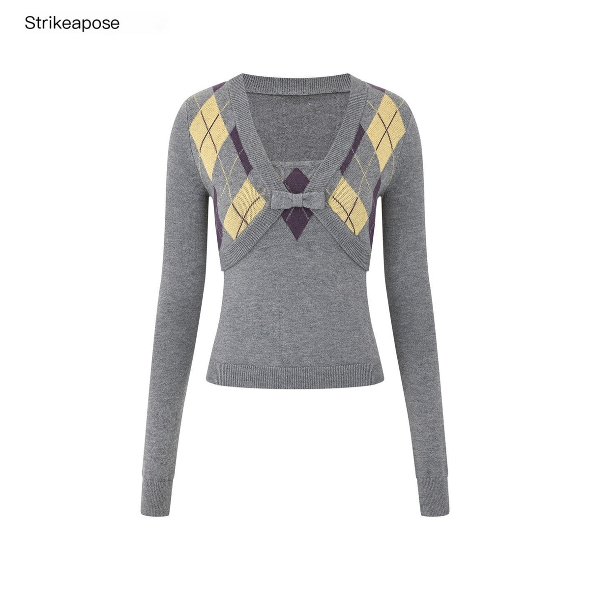STRIKE_A_POSE_Diamond_Argyle_V-neck_Color_Block_Slim_Fit_Knit_Women&