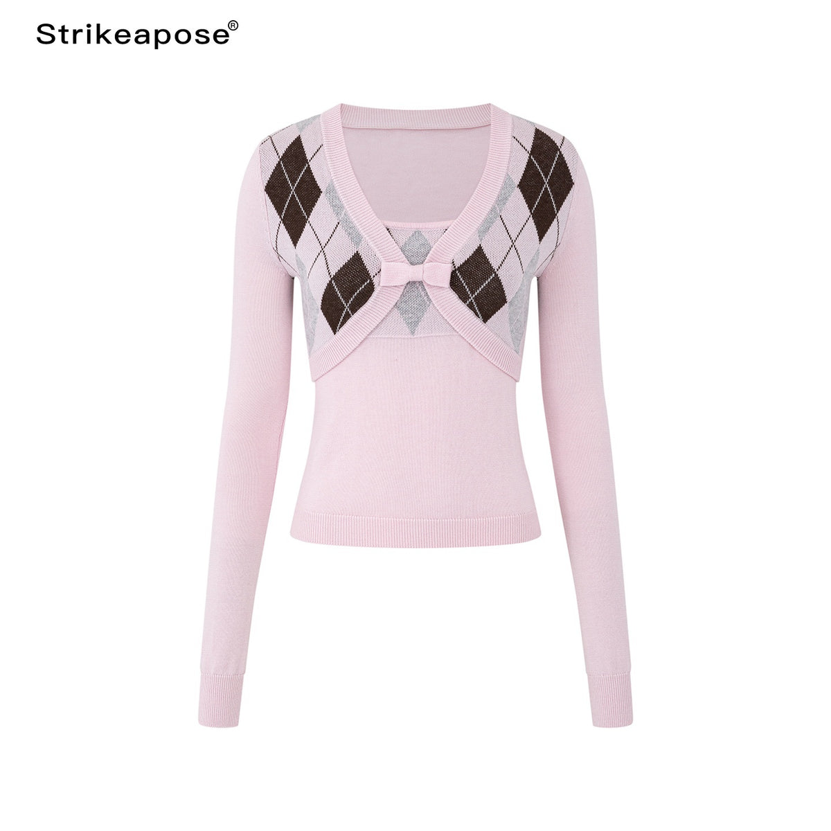 STRIKE_A_POSE_Diamond_Argyle_V-neck_Color_Block_Slim_Fit_Knit_Women&