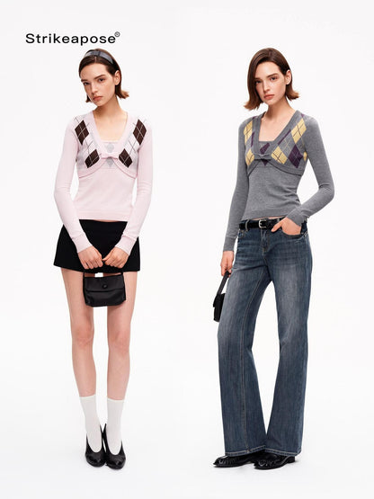 STRIKE A POSE Diamond Argyle V-neck Color Block Slim Fit Knit Women&