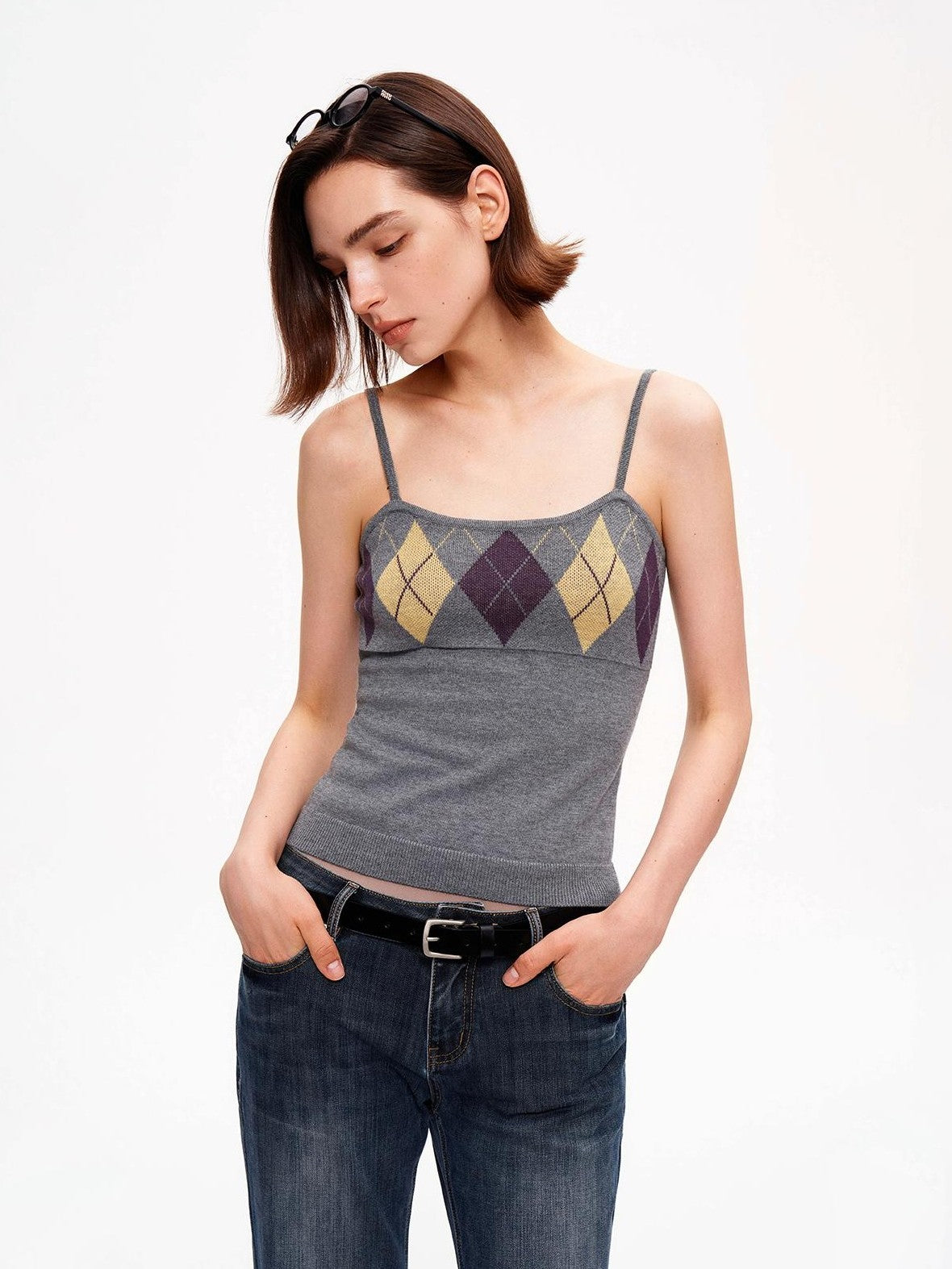 STRIKE A POSE Diamond Argyle V-neck Color Block Slim Fit Knit Women&