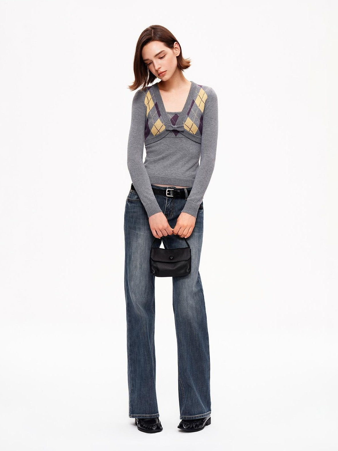 STRIKE A POSE Diamond Argyle V-neck Color Block Slim Fit Knit Women&
