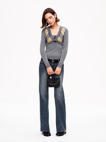 STRIKE A POSE Diamond Argyle V-neck Color Block Slim Fit Knit Women&