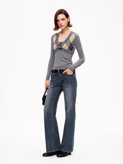 STRIKE A POSE Diamond Argyle V-neck Color Block Slim Fit Knit Women&