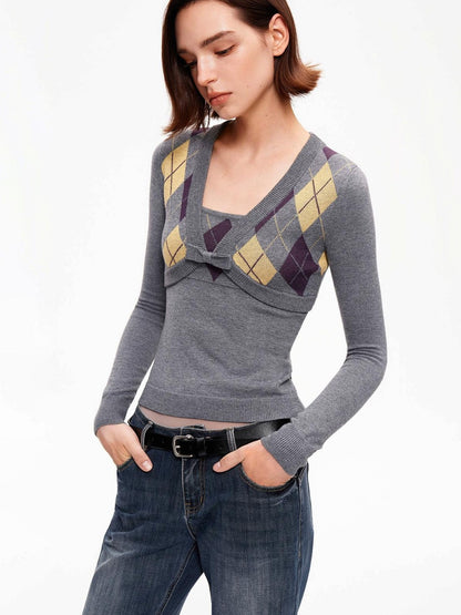 STRIKE A POSE Diamond Argyle V-neck Color Block Slim Fit Knit Women&