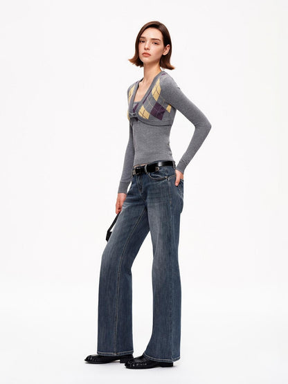 STRIKE A POSE Diamond Argyle V-neck Color Block Slim Fit Knit Women&