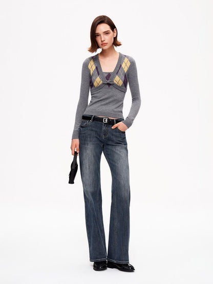 STRIKE A POSE Diamond Argyle V-neck Color Block Slim Fit Knit Women&