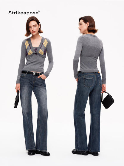 STRIKE A POSE Diamond Argyle V-neck Color Block Slim Fit Knit Women&