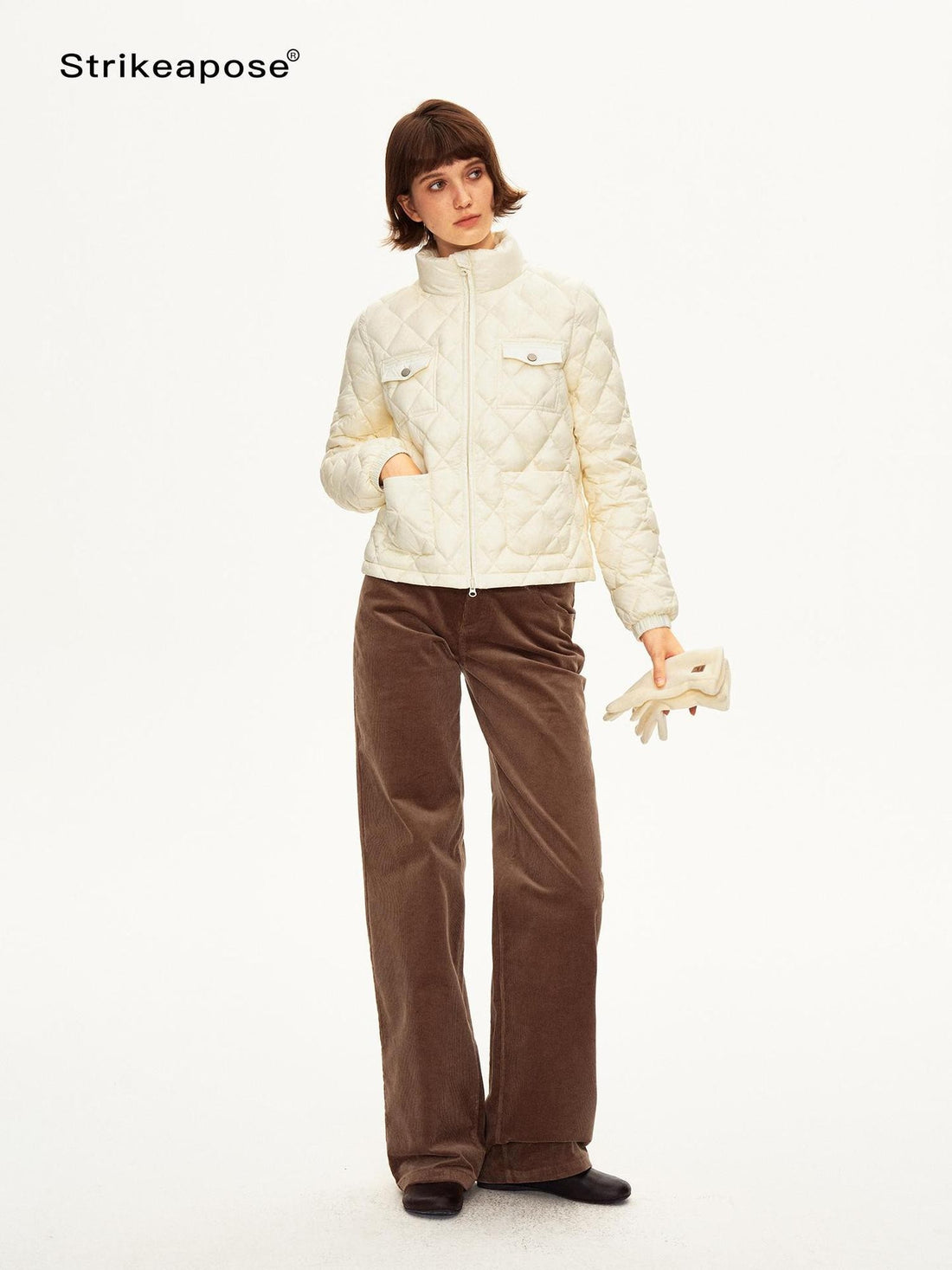 STRIKE A POSE Diamond Quilted Stand Collar Pocket Women&