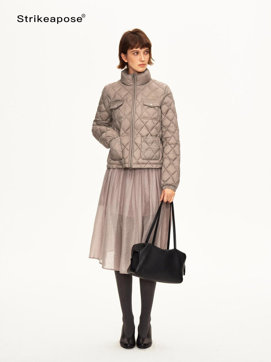 STRIKE A POSE Diamond Quilted Stand Collar Pocket Women&