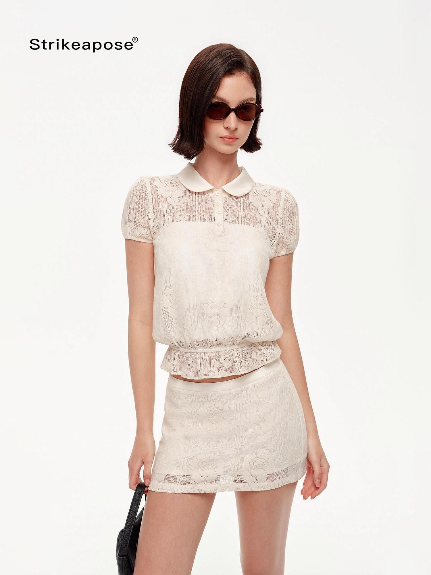 STRIKE A POSE Doll Collar Mock Embroidery Cinched Women&