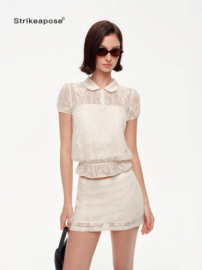 STRIKE A POSE Doll Collar Mock Embroidery Cinched Women&