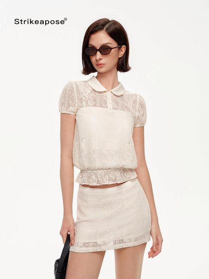 STRIKE A POSE Doll Collar Mock Embroidery Cinched Women&