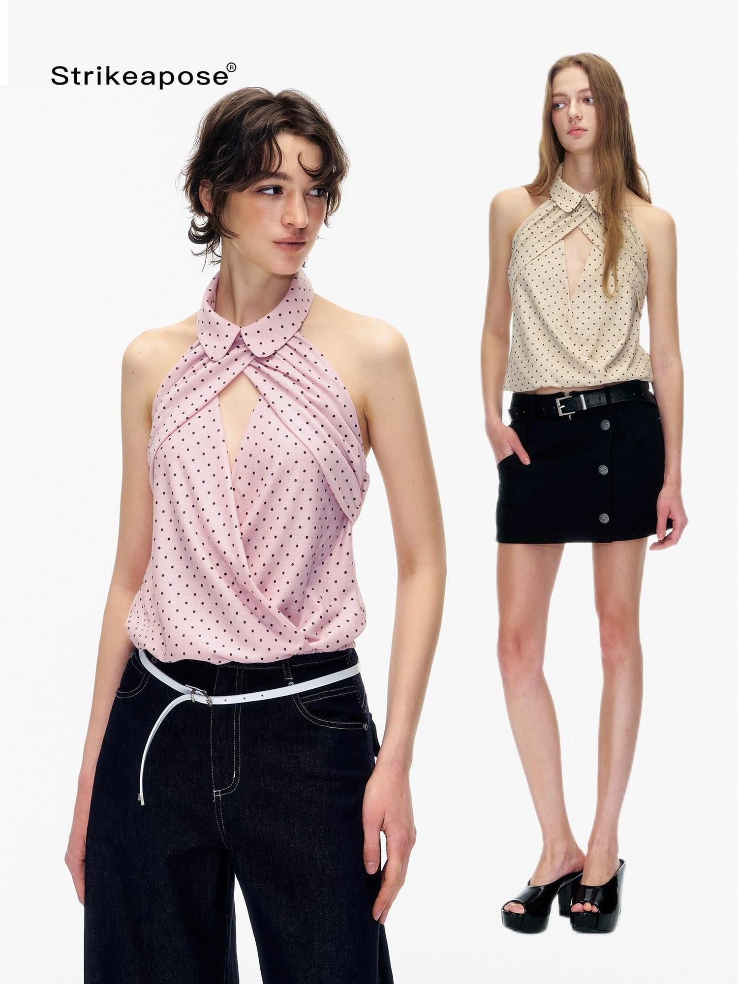 STRIKE A POSE Doll Collar Polka Dot Backless Pleated Women&