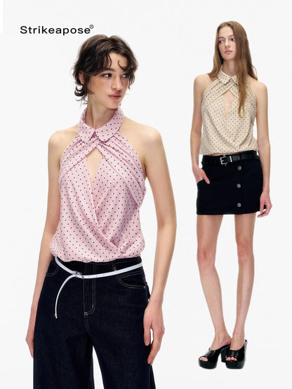 STRIKE A POSE Doll Collar Polka Dot Backless Pleated Women&